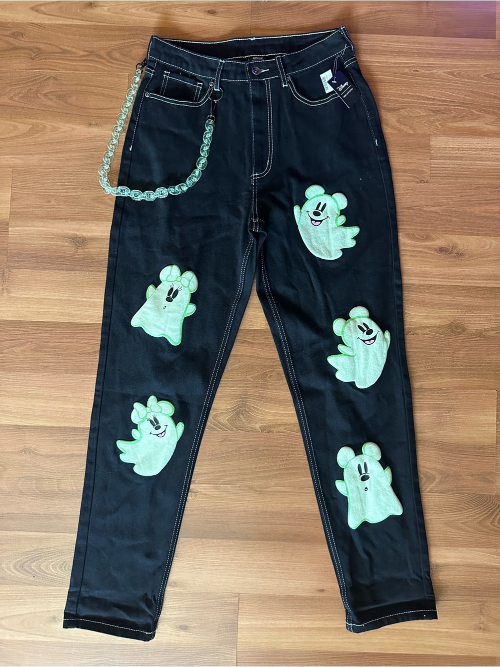 🆕 Disney Halloween Black Mom Jeans with Glow In The Dark Green Ghosts